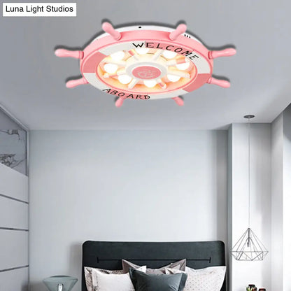 Lámpara de techo DecorBites™ con diseño de niña timón de dibujos animados para dormitorio - Luz LED empotrada náutica rosa de acrílico y metal