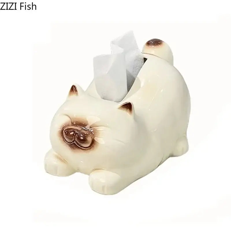 Cream-colored ceramic tissue box shaped like a cartoon siamese kitten with brown accents for decorbites living room decor