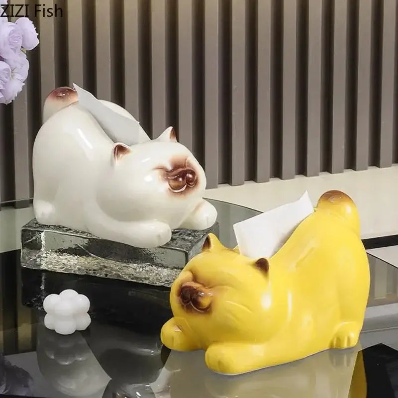 White and yellow ceramic cartoon siamese kitten tissue box with brown accents for living room decor by decorbites