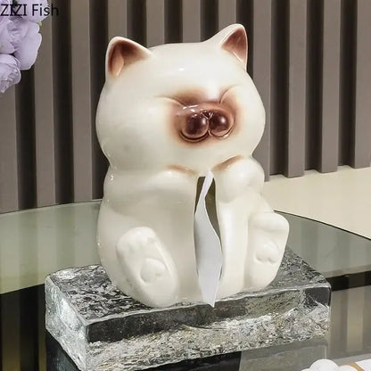 White ceramic cartoon siamese kitten tissue box with brown accents on nose and ears on textured glass base decorbites decor