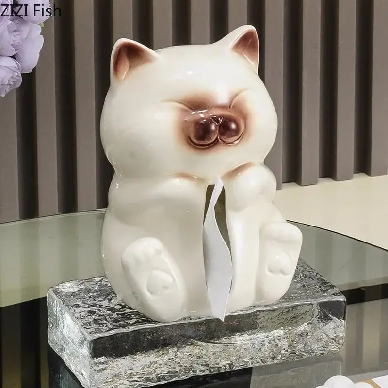 White ceramic cartoon siamese kitten tissue box with brown accents on nose and ears on textured glass base decorbites decor
