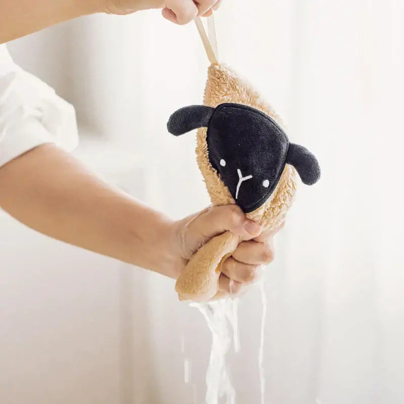 Cute beige and black plush sheep shaped bath sponge with soft fluffy texture for decorbites cartoon sloth hand towels set