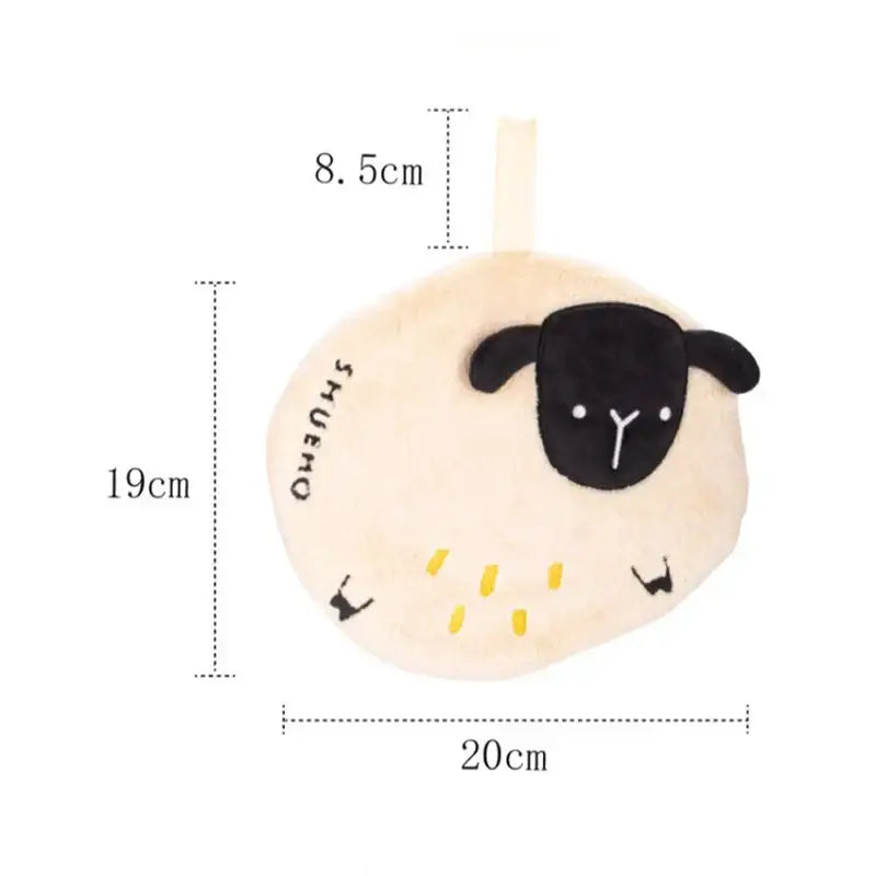 Cream-colored plush sheep-shaped hand warmer with black embroidered face and yellow accents in decorbites cartoon sloth hand towels set