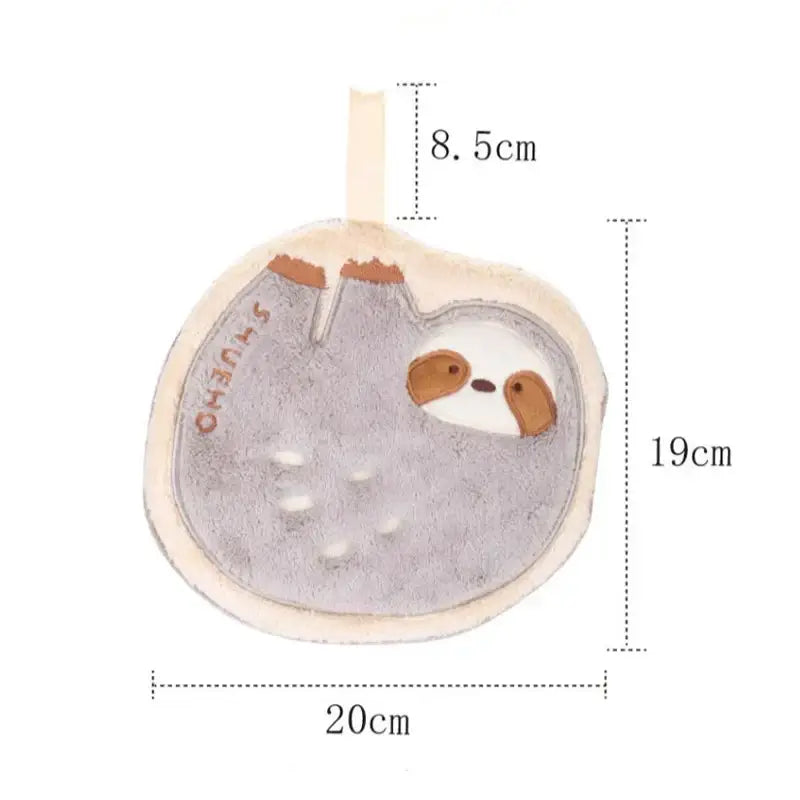 A soft gray decorbites cartoon sloth plush hand towel with brown accents and embroidered details for kitchen use