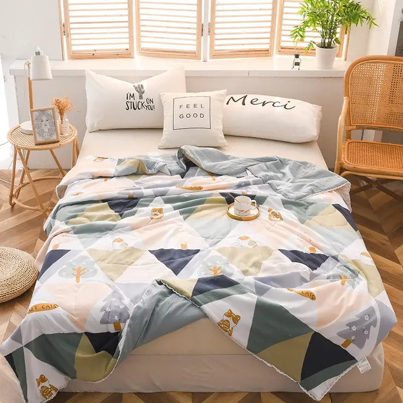 Cozy cartoon strawberry white and pink quilted double blanket with geometric pastel tree pattern for bedroom use