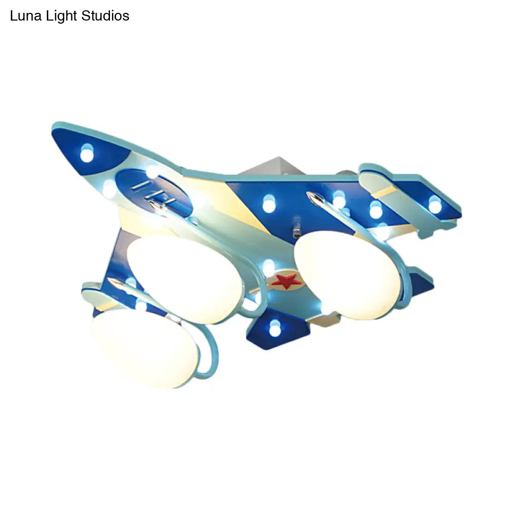 Lámpara de techo empotrada DecorBites™ estilo caricatura con forma de avión azul, iluminación de techo de madera y pantalla de vidrio opalino en forma de lágrima - 3/4 bombillas