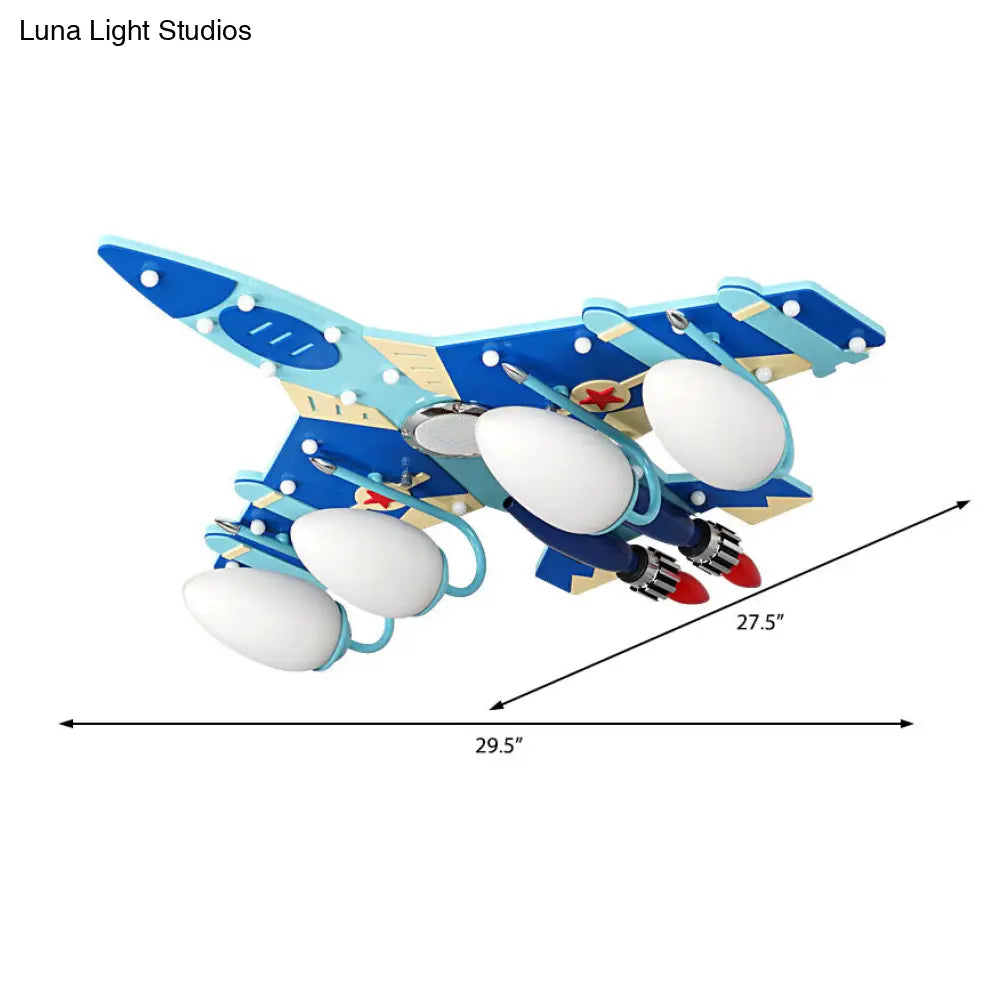Lámpara de techo empotrada DecorBites™ estilo caricatura con forma de avión azul, iluminación de techo de madera y pantalla de vidrio opalino en forma de lágrima - 3/4 bombillas