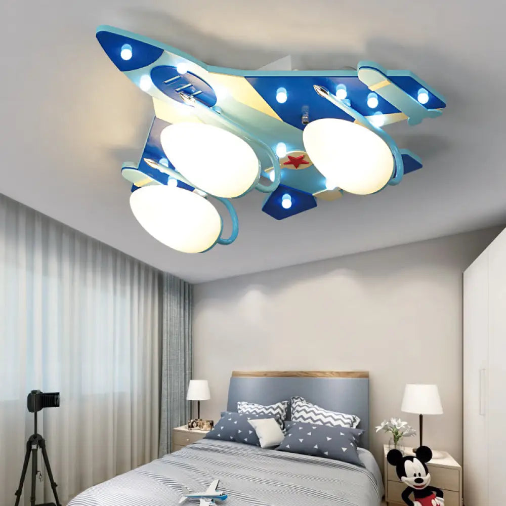 Lámpara de techo empotrada DecorBites™ estilo caricatura con forma de avión azul, iluminación de techo de madera y pantalla de vidrio opalino en forma de lágrima - 3/4 bombillas