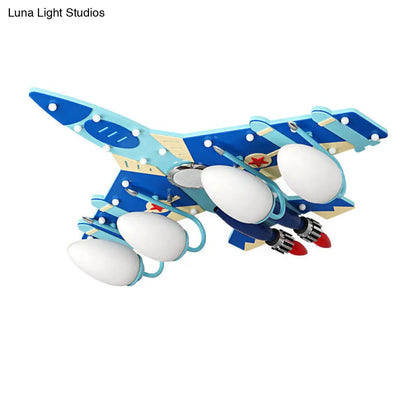 Lámpara de techo empotrada DecorBites™ estilo caricatura con forma de avión azul, iluminación de techo de madera y pantalla de vidrio opalino en forma de lágrima - 3/4 bombillas