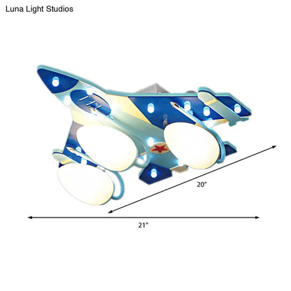 Lámpara de techo empotrada DecorBites™ estilo caricatura con forma de avión azul, iluminación de techo de madera y pantalla de vidrio opalino en forma de lágrima - 3/4 bombillas