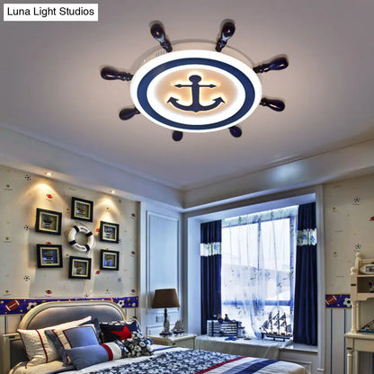 DecorBites™ Cartoon Style Blue Round LED Flush Mount Light Fixture with Wood and Acrylic Accents and Rudder Design