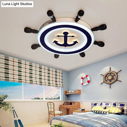 DecorBites™ Cartoon Style Blue Round LED Flush Mount Light Fixture with Wood and Acrylic Accents and Rudder Design