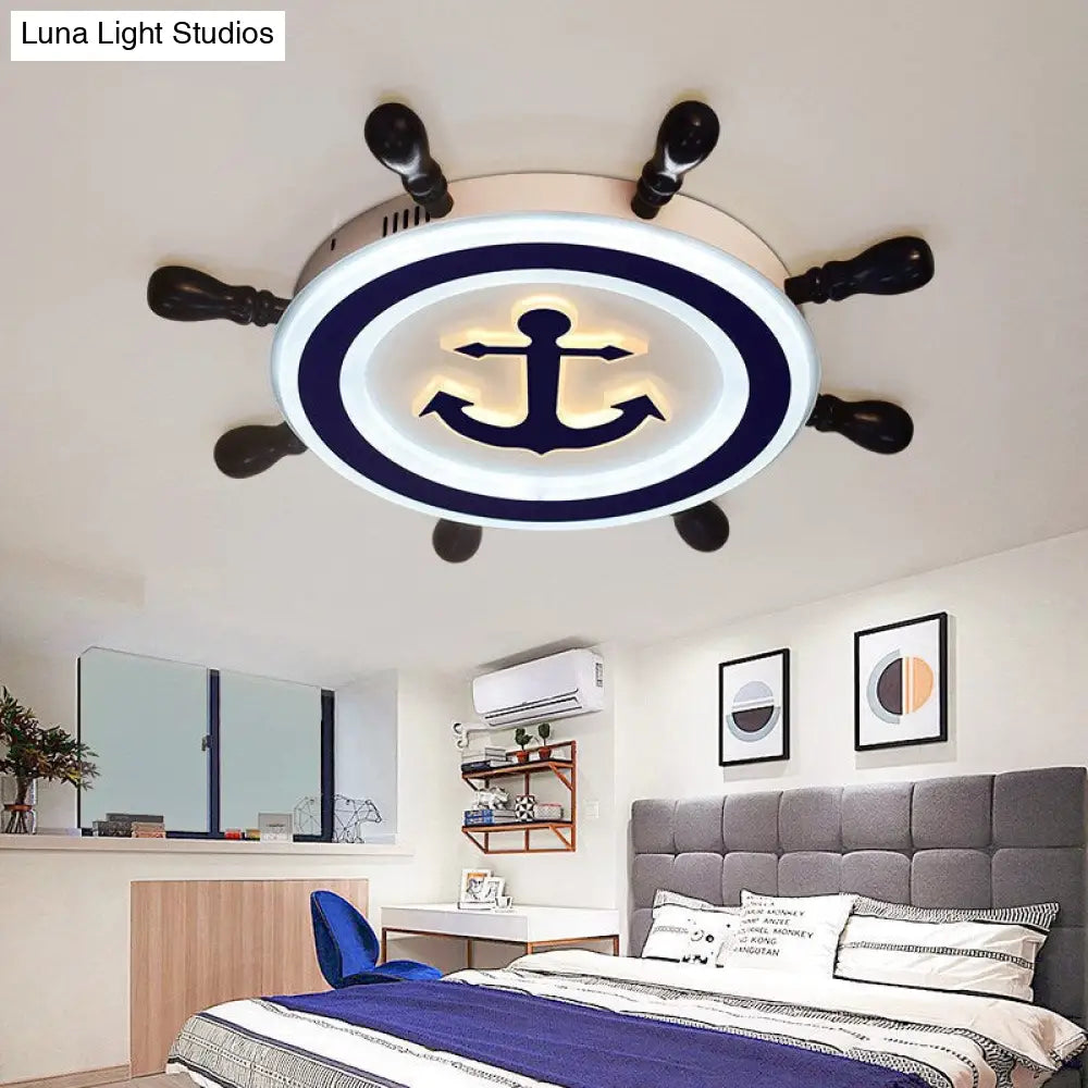 DecorBites™ Cartoon Style Blue Round LED Flush Mount Light Fixture with Wood and Acrylic Accents and Rudder Design