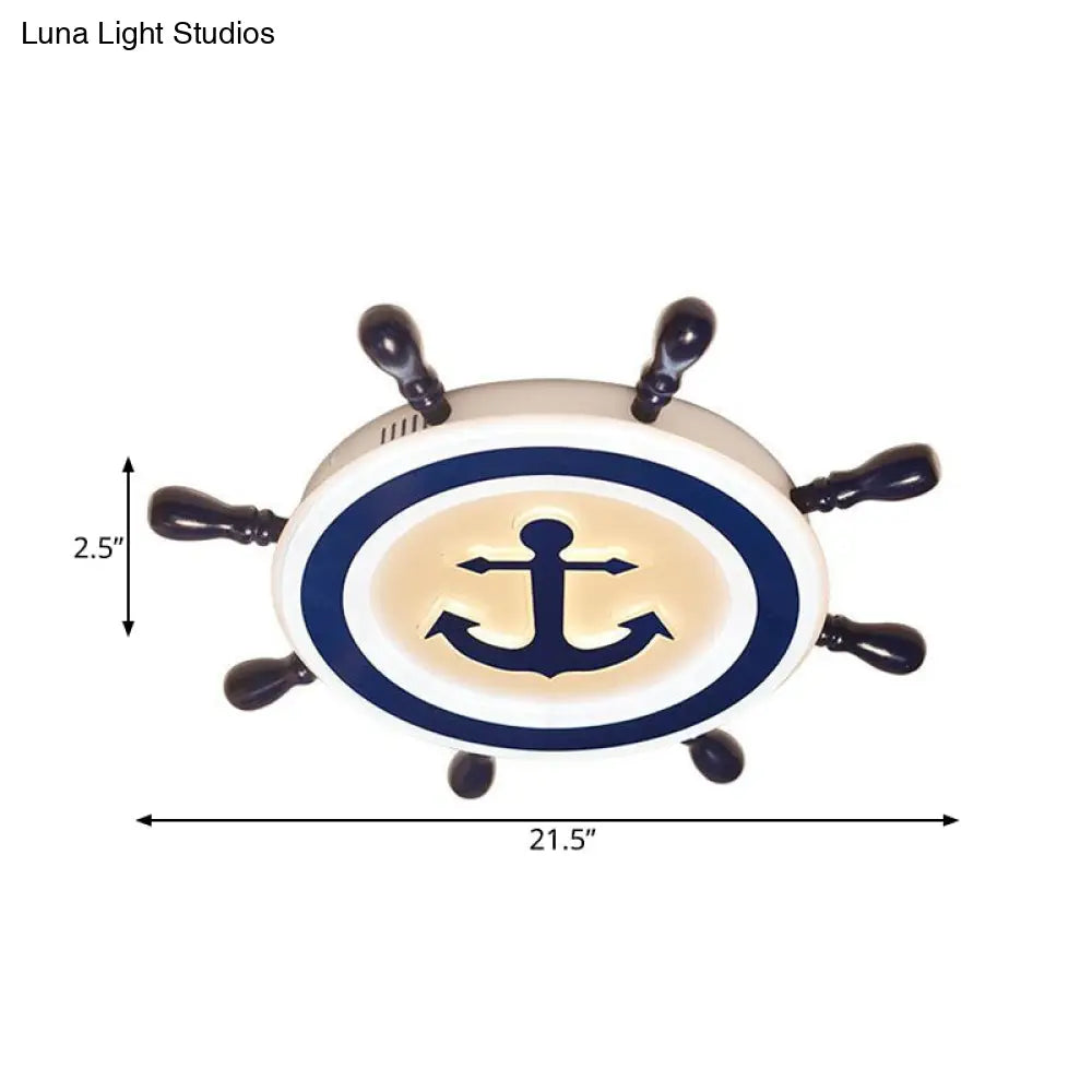 DecorBites™ Cartoon Style Blue Round LED Flush Mount Light Fixture with Wood and Acrylic Accents and Rudder Design