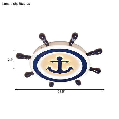 DecorBites™ Cartoon Style Blue Round LED Flush Mount Light Fixture with Wood and Acrylic Accents and Rudder Design