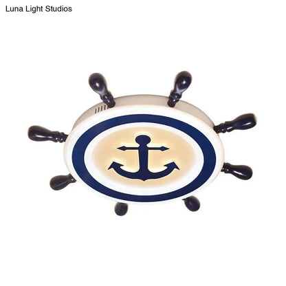 DecorBites™ Cartoon Style Blue Round LED Flush Mount Light Fixture with Wood and Acrylic Accents and Rudder Design