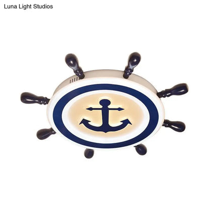 DecorBites™ Cartoon Style Blue Round LED Flush Mount Light Fixture with Wood and Acrylic Accents and Rudder Design