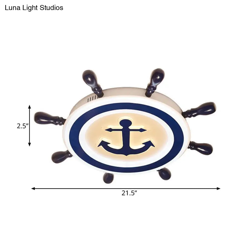 DecorBites™ Cartoon Style Blue Round LED Flush Mount Light Fixture with Wood and Acrylic Accents and Rudder Design