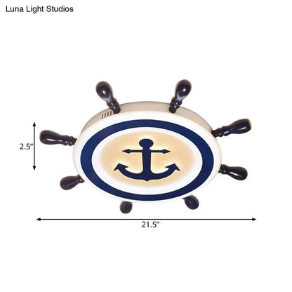DecorBites™ Cartoon Style Blue Round LED Flush Mount Light Fixture with Wood and Acrylic Accents and Rudder Design
