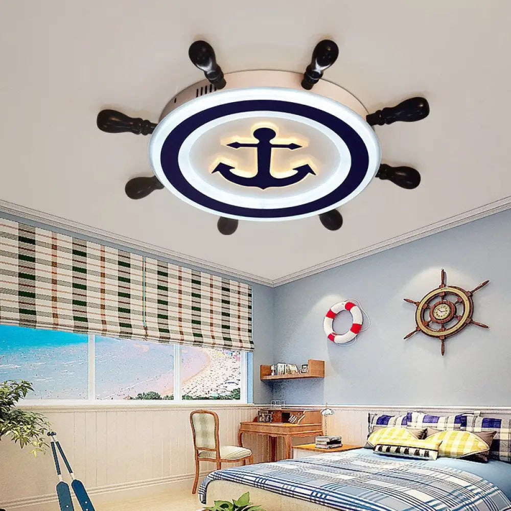 DecorBites™ Cartoon Style Blue Round LED Flush Mount Light Fixture with Wood and Acrylic Accents and Rudder Design