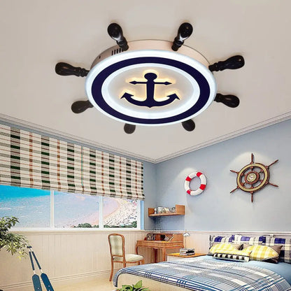 DecorBites™ Cartoon Style Blue Round LED Flush Mount Light Fixture with Wood and Acrylic Accents and Rudder Design