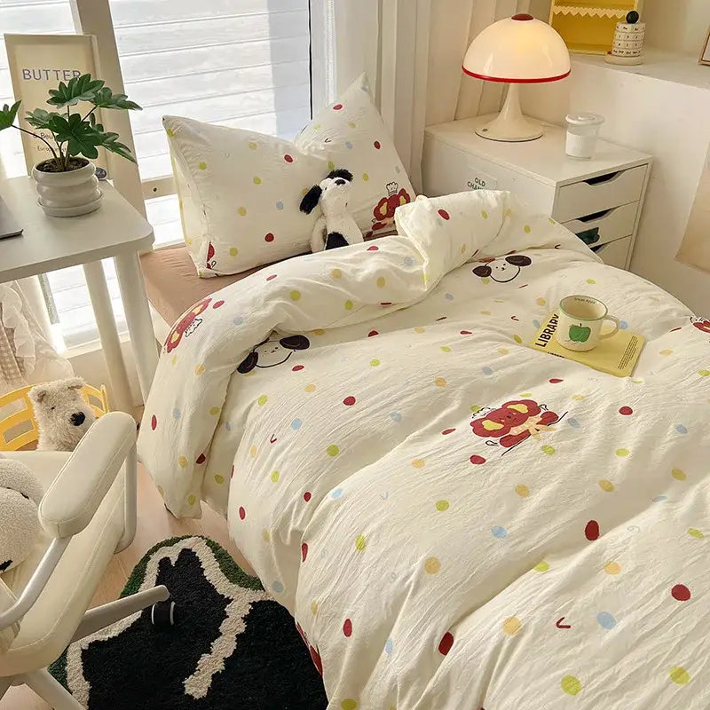 Cream-colored cartoon style cotton bedding sets with playful dog and polka dot patterns for bedroom decorbites decor