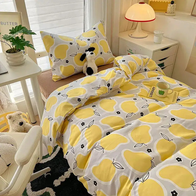 Yellow and white pear-patterned bedding sets with black floral accents in decorbites cartoon style cotton material