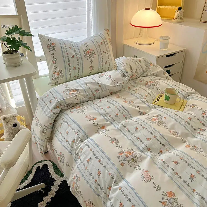 Pastel floral and striped duvet set with soft cotton fabric featuring cream and blue decorbites cartoon style bedding sets