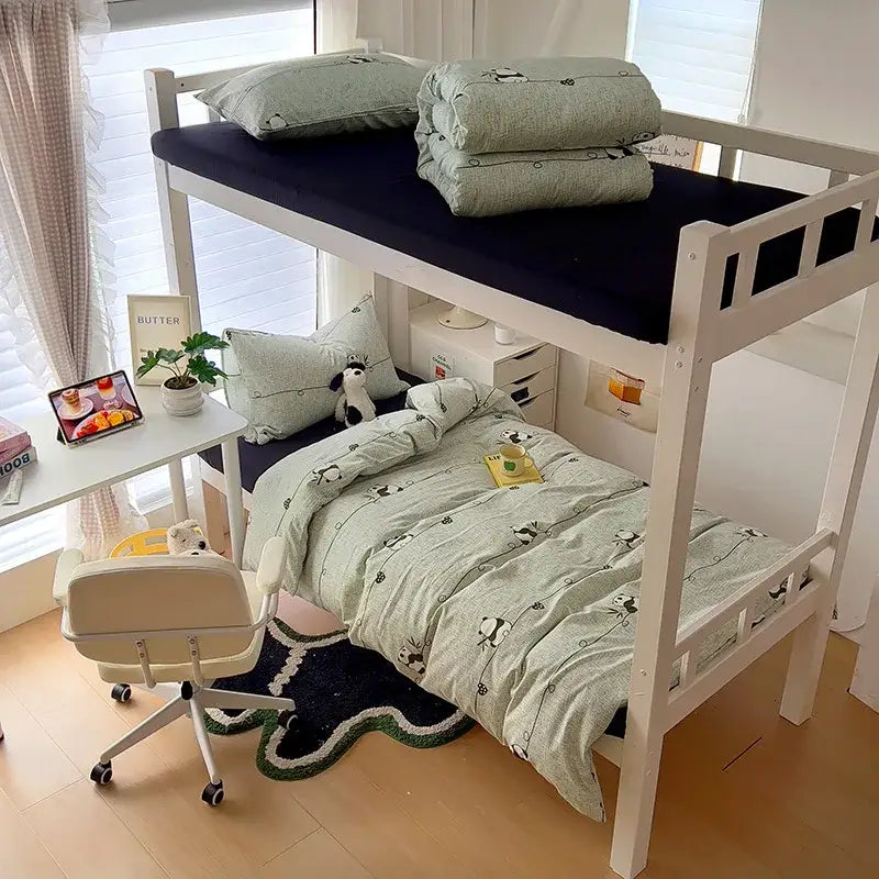 White wooden bunk bed with light green cartoon style cotton panda bedding sets from decorbites bedroom collection