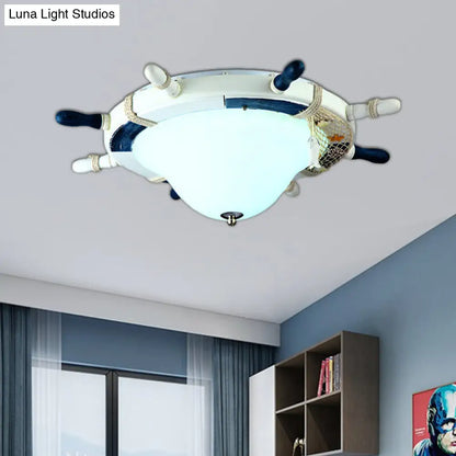 DecorBites™ Cartoon Style Rudder Flush Ceiling Light - LED Metal Lamp for Children's Room, White/Blue with Frosted Glass Shade