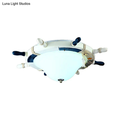 DecorBites™ Cartoon Style Rudder Flush Ceiling Light - LED Metal Lamp for Children's Room, White/Blue with Frosted Glass Shade