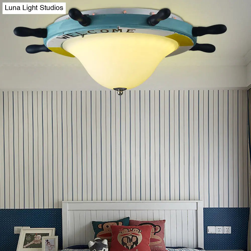 DecorBites™ Cartoon Style Rudder Flush Ceiling Light - LED Metal Lamp for Children's Room, White/Blue with Frosted Glass Shade