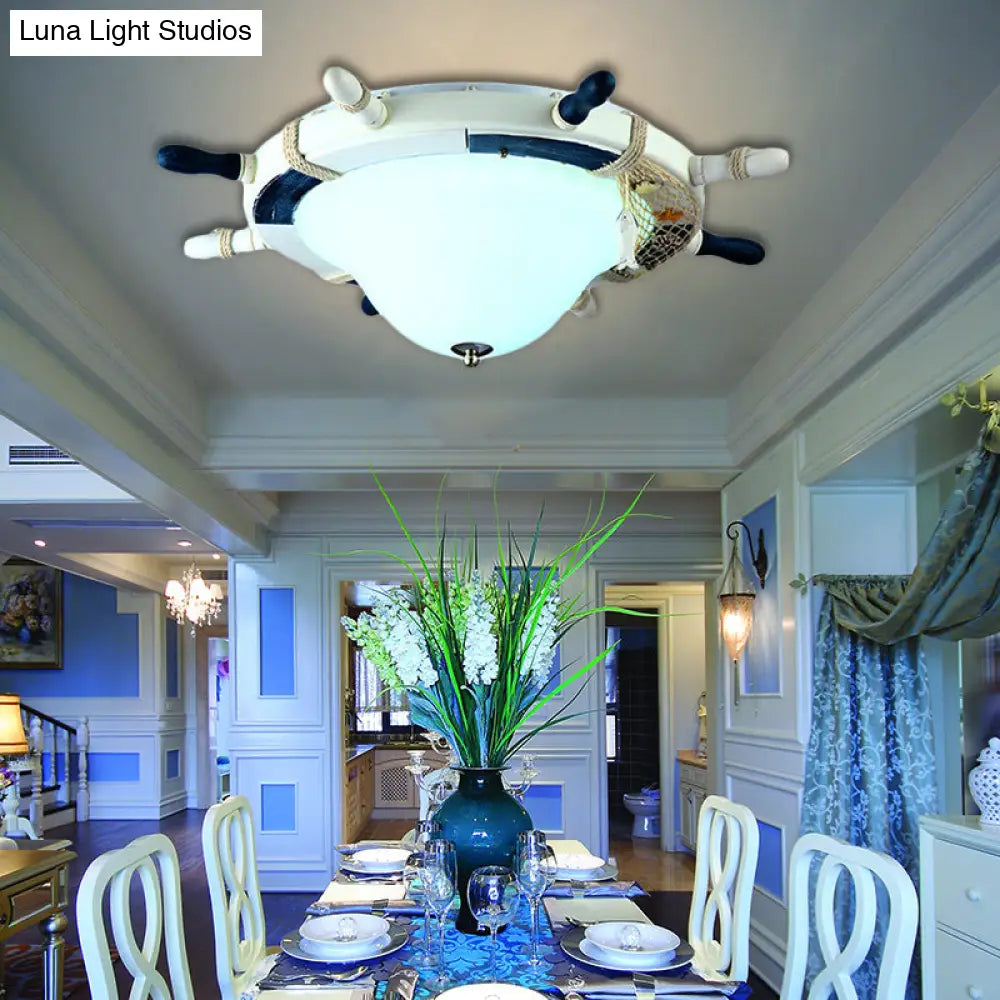 DecorBites™ Cartoon Style Rudder Flush Ceiling Light - LED Metal Lamp for Children's Room, White/Blue with Frosted Glass Shade