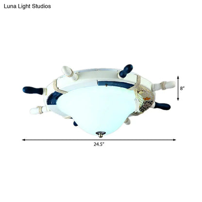 DecorBites™ Cartoon Style Rudder Flush Ceiling Light - LED Metal Lamp for Children's Room, White/Blue with Frosted Glass Shade