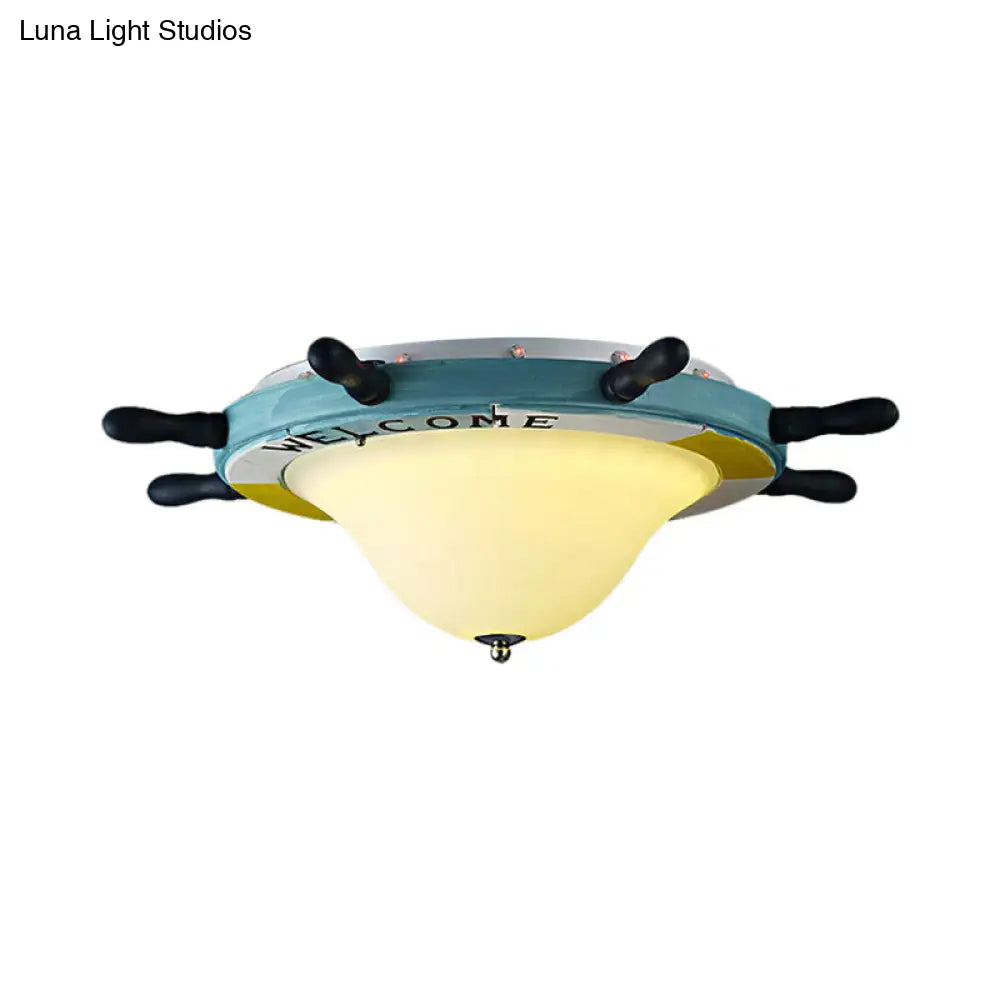 DecorBites™ Cartoon Style Rudder Flush Ceiling Light - LED Metal Lamp for Children's Room, White/Blue with Frosted Glass Shade