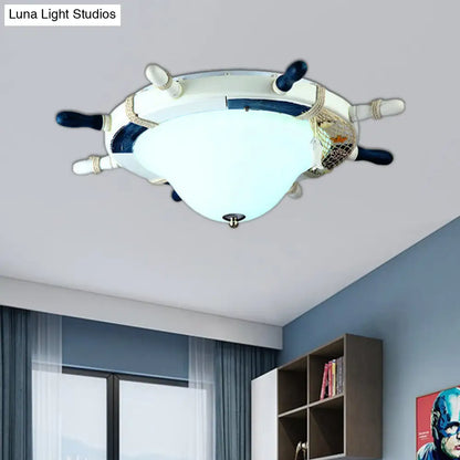 DecorBites™ Cartoon Style Rudder Flush Ceiling Light - LED Metal Lamp for Children's Room, White/Blue with Frosted Glass Shade
