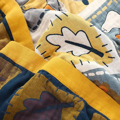 Yellow and navy blue patterned cotton cartoon throw blanket with leaf designs for bedroom decorbites cartoon throw