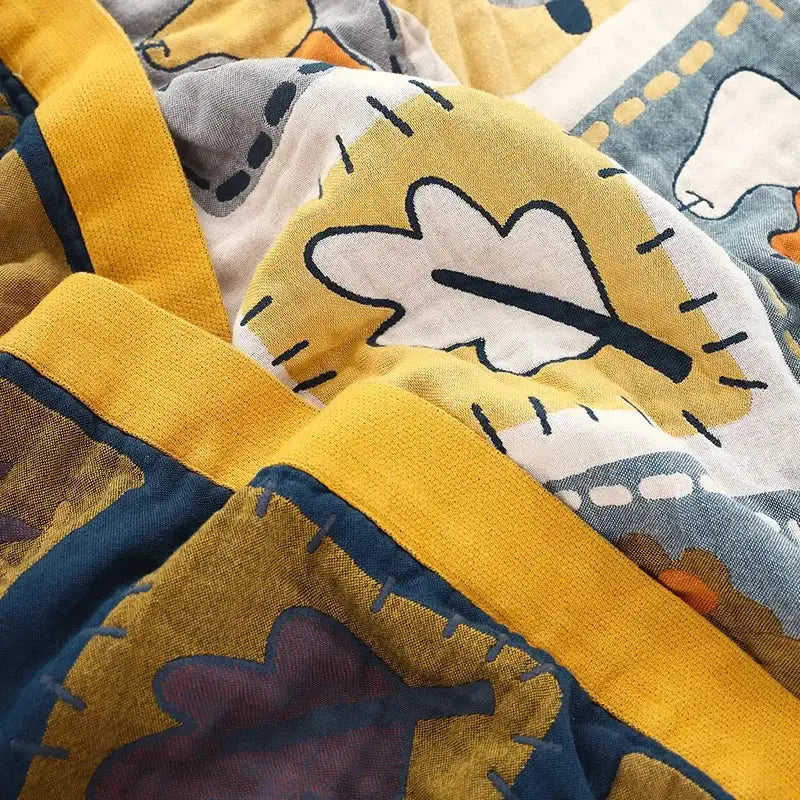 Yellow and navy blue patterned cotton cartoon throw blanket with leaf designs for bedroom decorbites cartoon throw