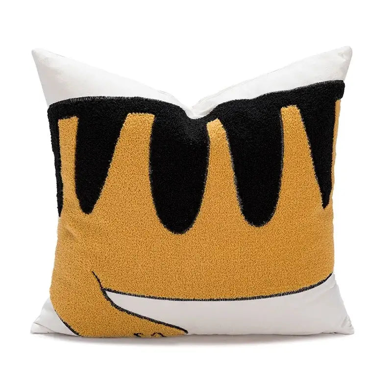 Plush yellow cotton pillow cover with cartoon tiger embroidered design and bold black mustard-yellow stripes decorbites decor
