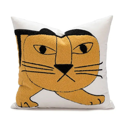 White cotton pillow cover with plush textured orange cat face and black embroidered details decorbites cartoon tiger decor