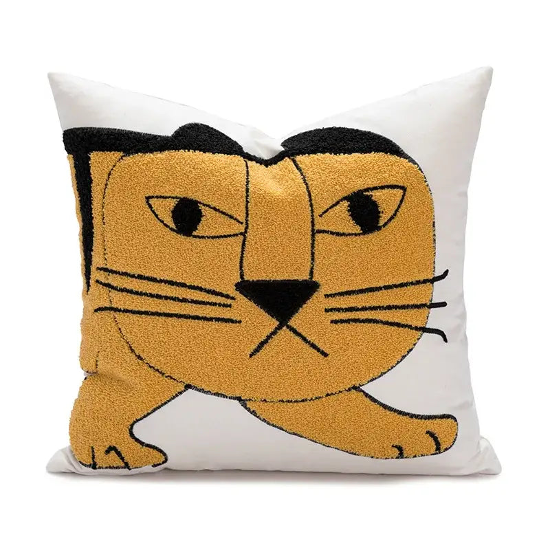 White cotton pillow cover with plush textured orange cat face and black embroidered details decorbites cartoon tiger decor