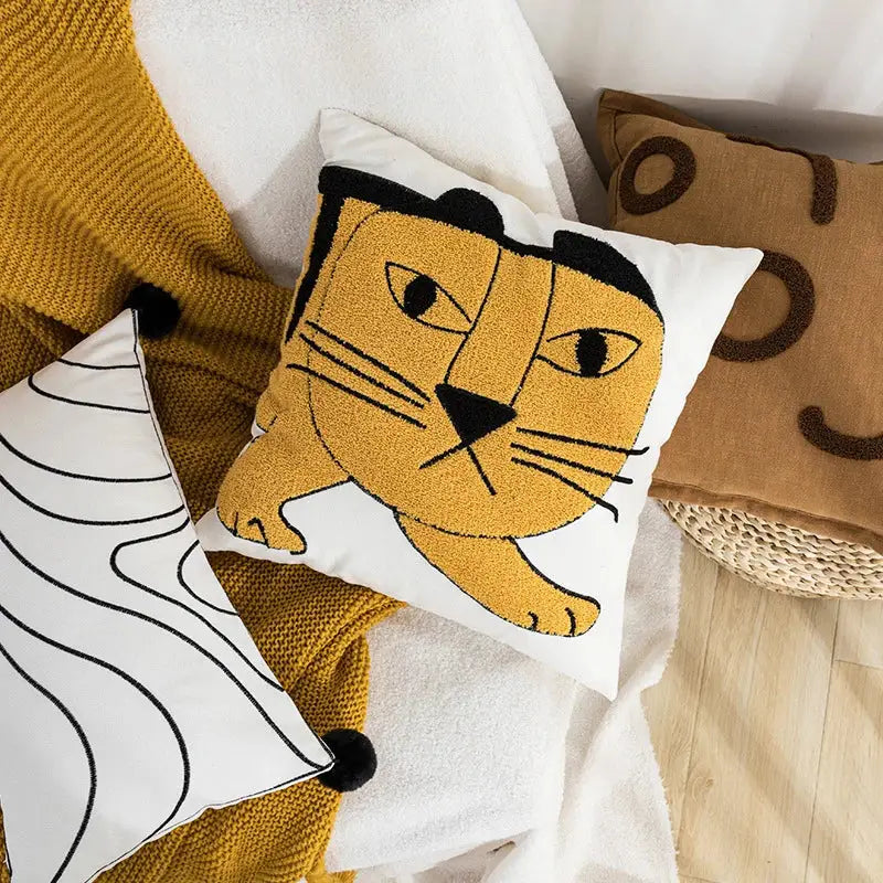 White cotton pillow cover with cartoon tiger embroidered in yellow and black for bedroom decorbites pillow cover decor