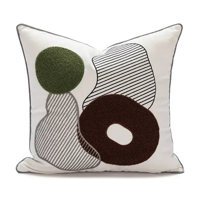 White throw pillow cover with abstract olive green and dark brown embroidered shapes for decorbites cartoon tiger decor