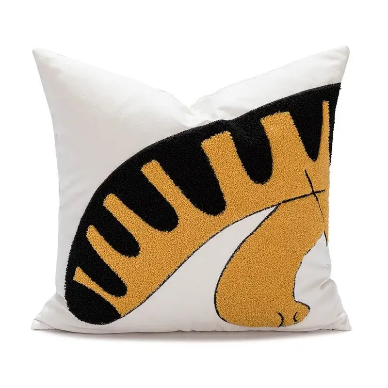 White cotton pillow cover with plush textured orange and black cartoon tiger embroidered decorbites design for bedroom