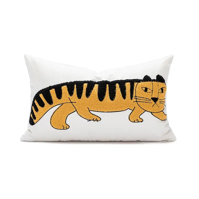 White rectangular cotton pillow cover with plush orange and black cartoon tiger embroidered for bedroom decorbites cartoon tiger