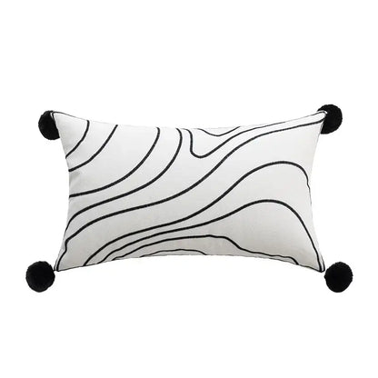 White rectangular cotton pillow cover with black wavy embroidery and pom-poms for decorbites cartoon tiger decor