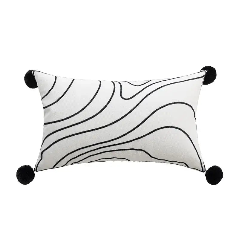 White rectangular cotton pillow cover with black wavy embroidery and pom-poms for decorbites cartoon tiger decor