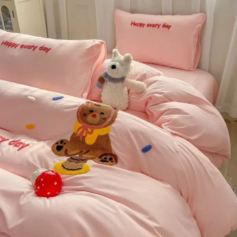 Pink embroidered bedding set with plush brown bear and colorful confetti details for decorbites cartoon towel embroidery