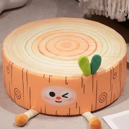 Cute orange brown plush cartoon tree stump cushion with wood grain and green leafy ears for bedroom decorbites decor