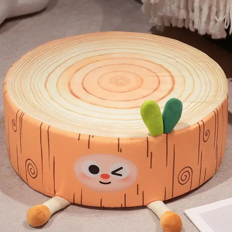 Cute orange brown plush cartoon tree stump cushion with wood grain and green leafy ears for bedroom decorbites decor